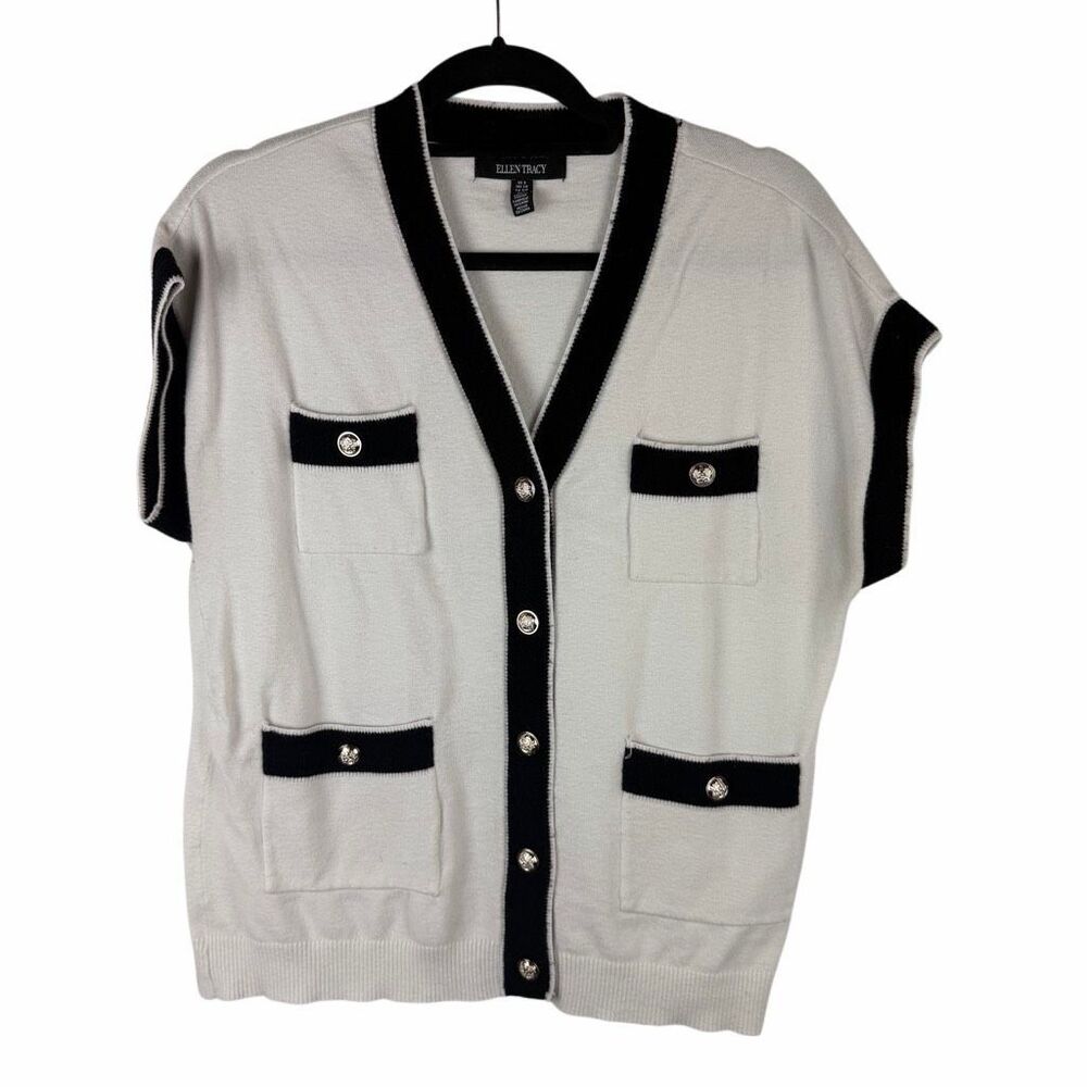 Ellen Tracy black and cream short sleeve cardigan- size s